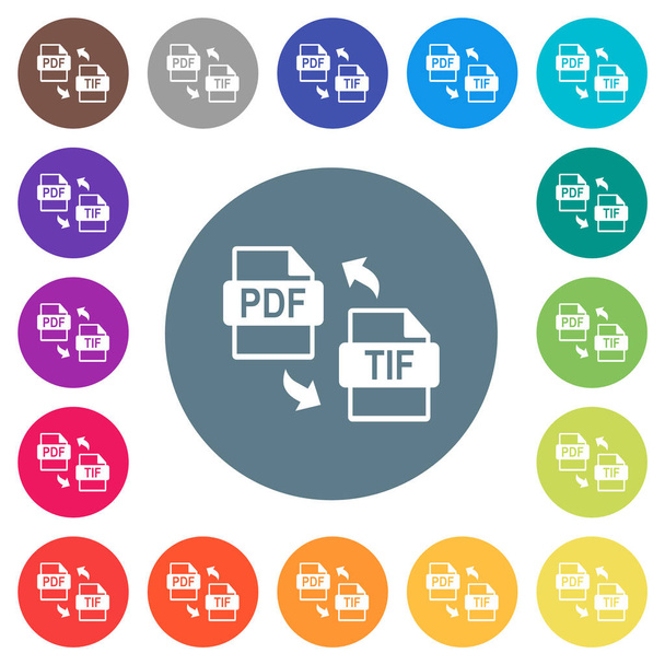 PDF TIF bestand conversie platte witte pictogrammen op ronde kleur achtergronden. 17 achtergrond kleurvariaties zijn opgenomen. - Vector, afbeelding