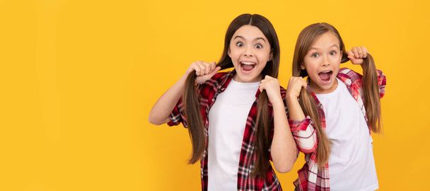 amazed kids in casual checkered shirt hold long straight hair on yellow background, hairstyle. Kid girl hair care, horizontal poster. Banner header with copy space - Fotó, kép