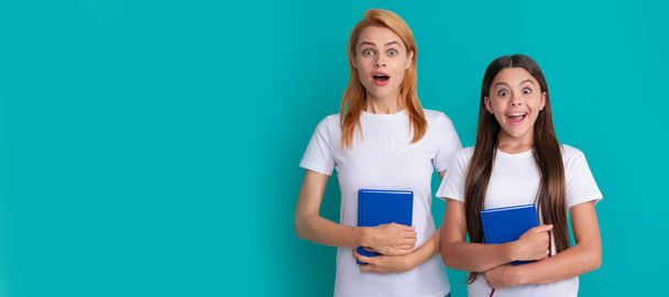 Mother and daughter child banner, copy space, isolated background. amazed pupil and student. mom and teen girl study. private teacher and child - Foto, immagini