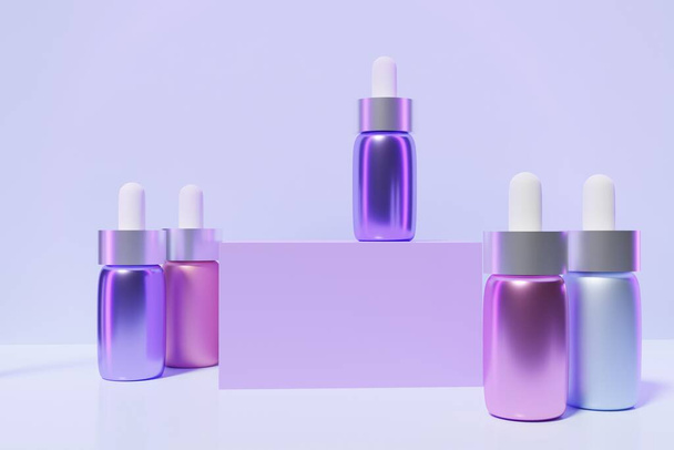 あなたの美しさプロジェクトのための紫色の背景に紫色の表彰台と紫とピンクの顔の血清ピペットボトルの3Dレンダリング - 写真・画像