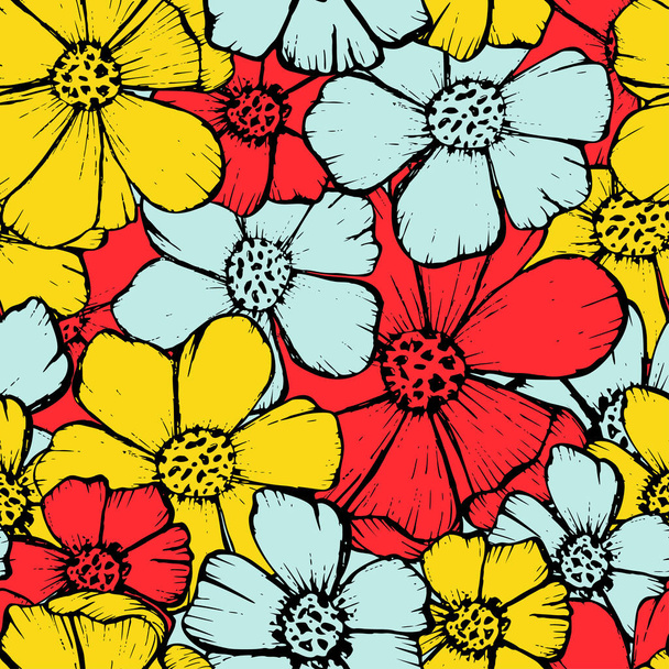 Vzor Barevný květ s obrysem a barvou pro potisk, design, dekor, textil - Vektor, obrázek