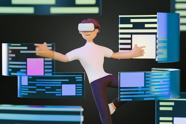 3D cartoon charecter Man draagt technologie en raakt virtual reality betreedt de virtuele wereld, Metaverse, In de toekomst - 3D render illustration - Foto, afbeelding