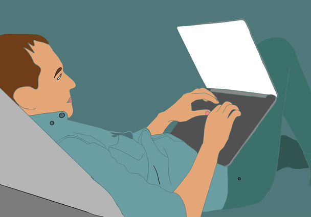 Ένας άνθρωπος που εργάζεται χρησιμοποιώντας laptop επίπεδη σχεδίαση εικονογράφηση. Εικονογράφηση διανύσματος - Διάνυσμα, εικόνα