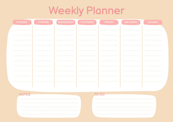 Weekly planner in pink colors. Doodle flat style. Good for notebook, agenda, diary, organiser, schedule. Vector illustration - Vector, Image