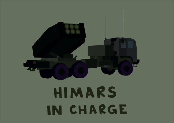 Illustration eines gepanzerten Artilleriefahrzeugs in der Nähe von himars in verantwortlicher Schriftzug auf grau - Vektor, Bild