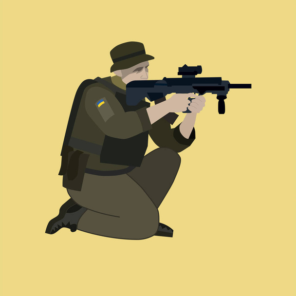 ilustración de soldado con bandera ucraniana en el país protector uniforme en amarillo - Vector, imagen
