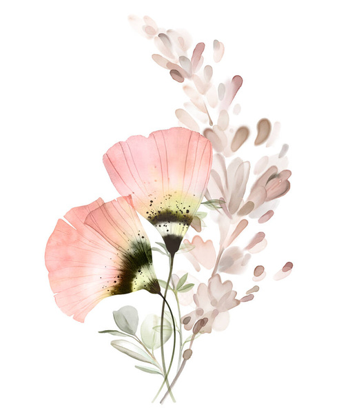 Watercolor floral composition. Bright flowers in modern boho style. Pastel peach colour anemones with dried pampas grass. Abstract hand-painted illustration. - Photo, Image