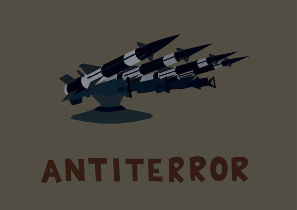 illustrazione di artiglieria moderna vicino lettering antiterrorismo su sfondo grigio  - Vettoriali, immagini