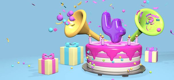 Torta di compleanno rosa con spessa numero 4 viola e candele su piatto metallico circondata da scatole regalo con corna che espellono coriandoli e sfere su sfondo blu pastello. Illustrazione 3D - Foto, immagini