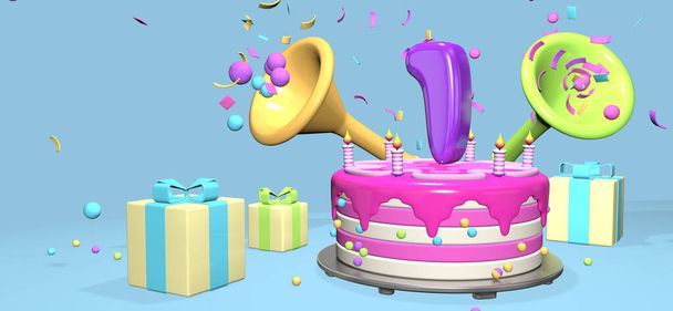 Pinkfarbene Geburtstagstorte mit dicker lila Zahl 1 und Kerzen auf metallischem Teller umgeben von Geschenkschachteln mit Hörnern, die Konfetti und Kugeln auf pastellblauem Hintergrund auswerfen. 3D-Illustration - Foto, Bild
