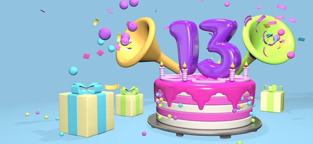 Pink birthday cake with thick purple number 13 and candles on metallic plate surrounded by gift boxes with horns ejecting confetti and spheres on pastel blue background. 3D Illustration - Photo, Image