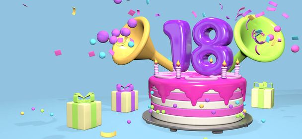 Różowy tort urodzinowy z grubą purpurową liczbą 18 i świece na metalowej talerzu otoczone pudełkami z rogami wyrzucającymi konfetti i kule na pastelowym niebieskim tle. Ilustracja 3D - Zdjęcie, obraz