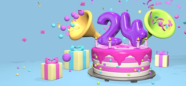Pinkfarbene Geburtstagstorte mit dicker lila Zahl 24 und Kerzen auf metallischem Teller umgeben von Geschenkschachteln mit Hörnern, die Konfetti und Kugeln auf pastellblauem Hintergrund auswerfen. 3D-Illustration - Foto, Bild