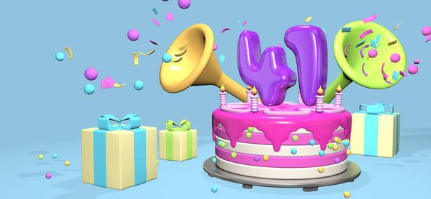 Рожевий торт на день народження з товстим фіолетовим номером 41 і свічки на металевій тарілці, оточені подарунковими коробками з рогами, що викидають конфетті і сфери на пастельно-блакитному тлі. 3D ілюстрації
 - Фото, зображення