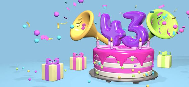 濃い紫色の43番のピンクの誕生日ケーキと、ギフトボックスに囲まれた金属板のキャンドルは、パステルブルーの背景にコンフェッティと球体を放出します。3Dイラスト - 写真・画像