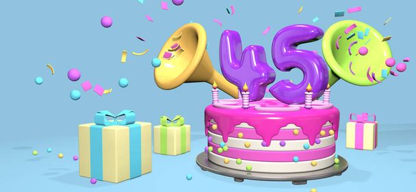 Pink birthday cake with thick purple number 45 and candles on metallic plate surrounded by gift boxes with horns ejecting confetti and spheres on pastel blue background. 3D Illustration - Photo, Image