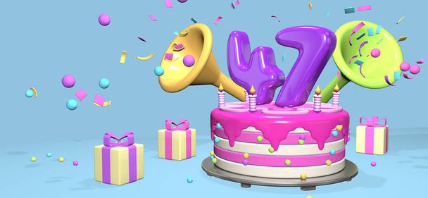 Рожевий торт на день народження з товстим фіолетовим номером 47 і свічки на металевій тарілці, оточені подарунковими коробками з рогами, що викидають конфетті і сфери на пастельно-блакитному тлі. 3D ілюстрації
 - Фото, зображення