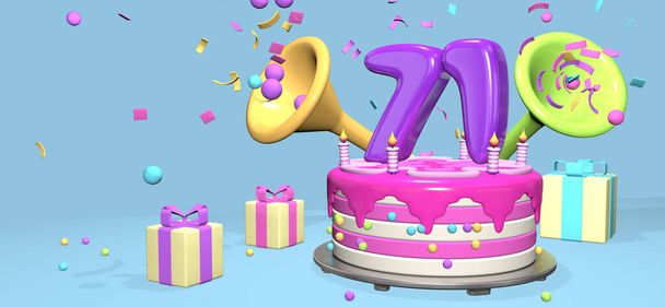 Gâteau d'anniversaire rose avec épais numéro 71 violet et bougies sur plaque métallique entourée de boîtes-cadeaux avec cornes éjectant confettis et sphères sur fond bleu pastel. Illustration 3D - Photo, image