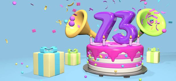 Рожевий торт на день народження з товстим фіолетовим номером 73 і свічки на металевій тарілці, оточені подарунковими коробками з рогами, що викидають конфетті і сфери на пастельно-блакитному тлі. 3D ілюстрації
 - Фото, зображення