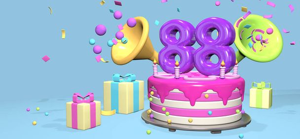 Pinkfarbene Geburtstagstorte mit dicker lila Zahl 88 und Kerzen auf metallischem Teller umgeben von Geschenkschachteln mit Hörnern, die Konfetti und Kugeln auf pastellblauem Hintergrund auswerfen. 3D-Illustration - Foto, Bild