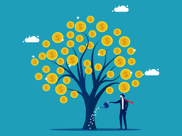 お金の木。お金の木に水をやることに注意してください。金融と投資の概念図 - ベクター画像