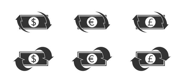Cashback-ikoni, palautusrahat, hyvitys. Dollari, euro ja Englannin punta merkki. Tasavektorin kuva. - Vektori, kuva