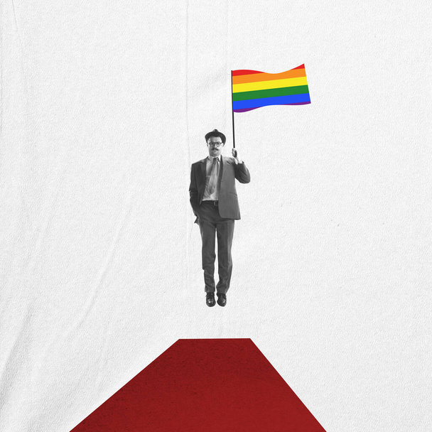 Contemporary art collage. young man with flag lands on red carpet. LGBT rights and people equality concept. Contemporary art. Creative conceptual and colorful collage. Support, hope, equlity and - Foto, Imagen