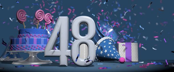 Primo piano solido numero 48 bianco, torta di compleanno ornata con caramelle lecca-lecca, regali e cappello da festa con trombe che sparano coriandoli rosa e viola sullo sfondo blu scuro. Illustrazione 3D - Foto, immagini