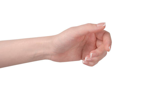 Žena ruce s francouzskou manikúrou izolované na bílém bacckground. - Fotografie, Obrázek