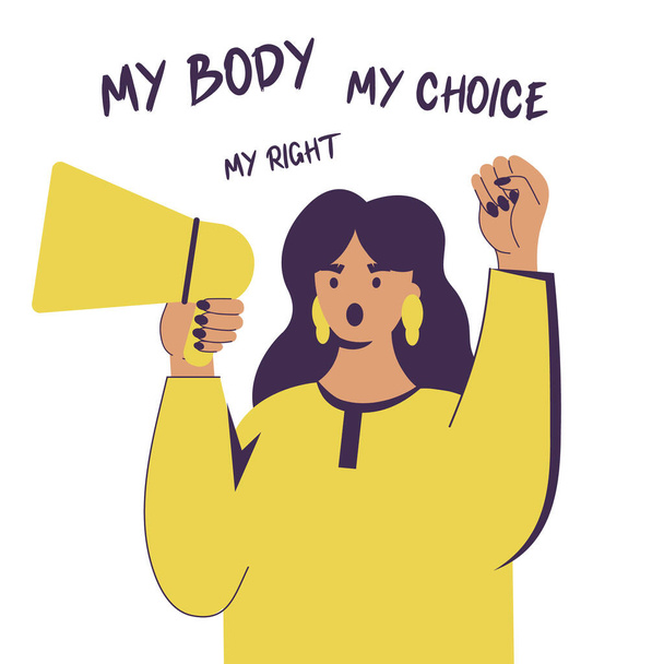 Womens protest pro-choice activists girl chanting slogans My body, My right, My choice supporting abortion rights at protest rally demonstration. - Vector, Image