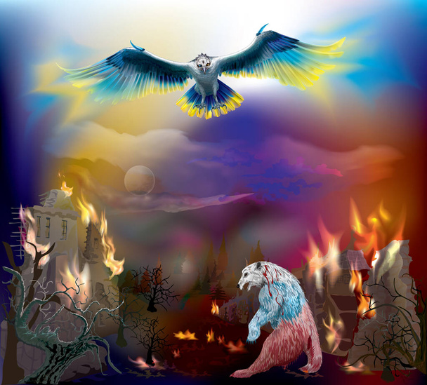 Символический образ войны России на Украине. Орел в голубом и желтом цветах в полете над руинами и медведь в цветах российского флага. Векторная сетка - Вектор,изображение