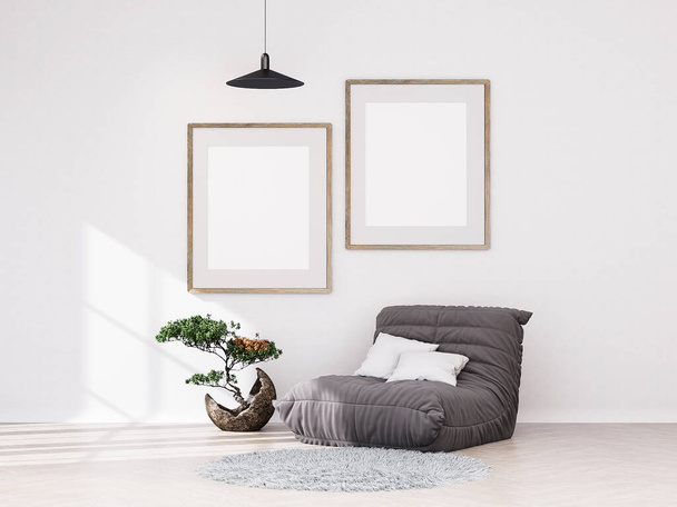 Mock up poster frame in modern interior background, living room, cabinets installed on the wall float above the ground. On top of that, there are decorations., Scandinavian style, 3D rendering - Photo, Image