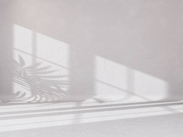 Αφηρημένο λευκό στούντιο φόντο για την παρουσίαση του προϊόντος άδειο δωμάτιο με σκιές του παραθύρου και λουλούδια και φύλλα φοίνικα 3d δωμάτιο με αντίγραφο χώρο καλοκαίρι συναυλία θολή φόντο. 3D απόδοση - Φωτογραφία, εικόνα