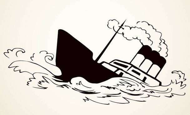 Muinainen puu ruosteinen iso fregatti pohja masto pysyvät valkoisella taivaalla tekstitilaa. ääriviivat musta käsin piirretty syvä meri pesuallas tuuli ongelma kaljuuna logo merkki kuvake luonnos taiteen retro doodle sarjakuva linja tyyli - Vektori, kuva