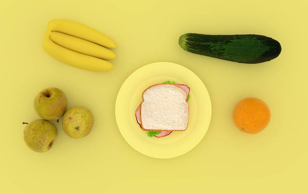 Minimalist 3d breakfast on yellow background 3d rendering illustration - Foto, Imagen