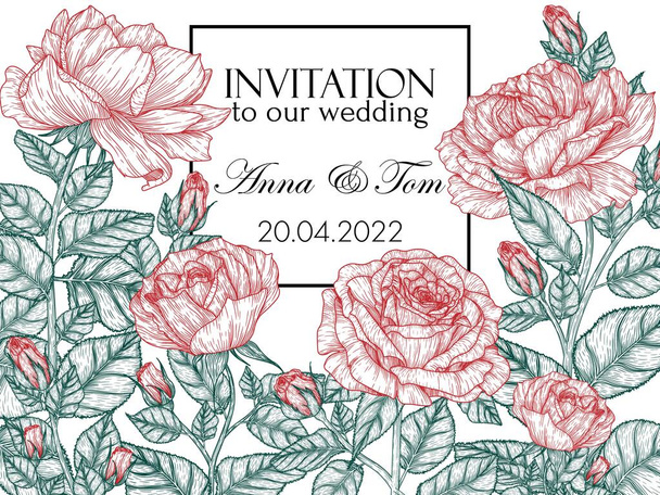  Šablona pozvánky na svatbu. Rámeček grafických lineárních růžových květů a listů - Vektor, obrázek
