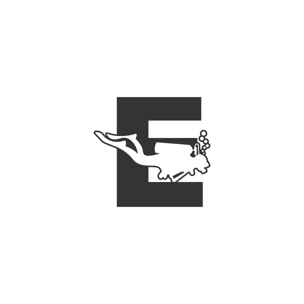 Brief E en iemand scuba, duiken pictogram illustratie template - Vector, afbeelding