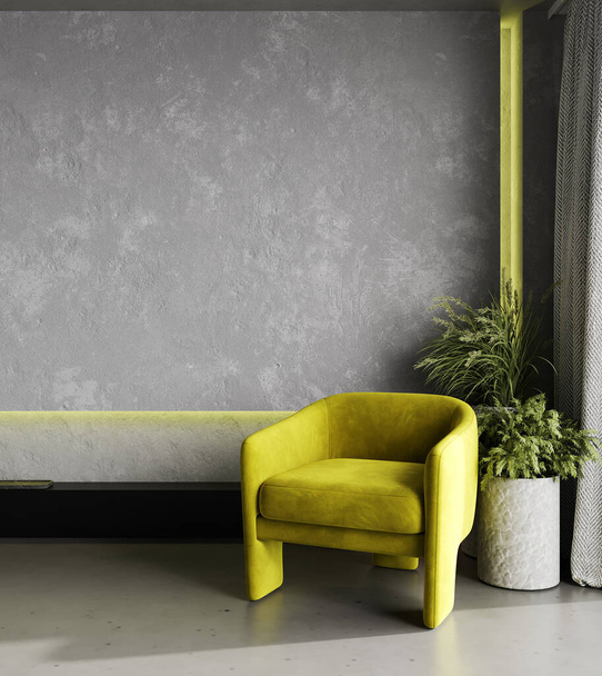 Poltrona gialla in interni moderni con illuminazione al neon, rendering 3d - Foto, immagini