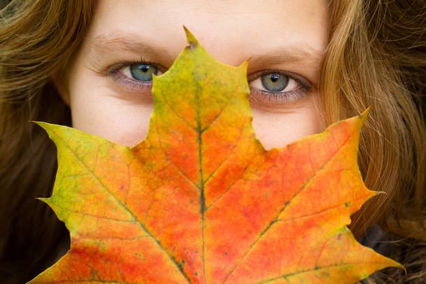 Mulher nova com folhas coloridas do outono em sua mão - Foto, Imagem