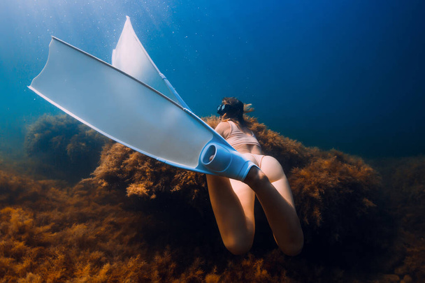 Γυναίκα με μάσκα κατάδυσης και λευκά πτερύγια που ποζάρουν κάτω από το νερό. Ελεύθερη κατάδυση στον γαλάζιο ωκεανό - Φωτογραφία, εικόνα