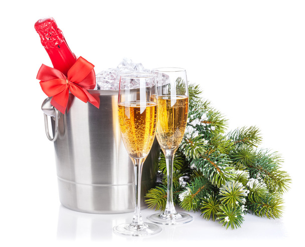 Champagne and snow fir tree - Photo, Image