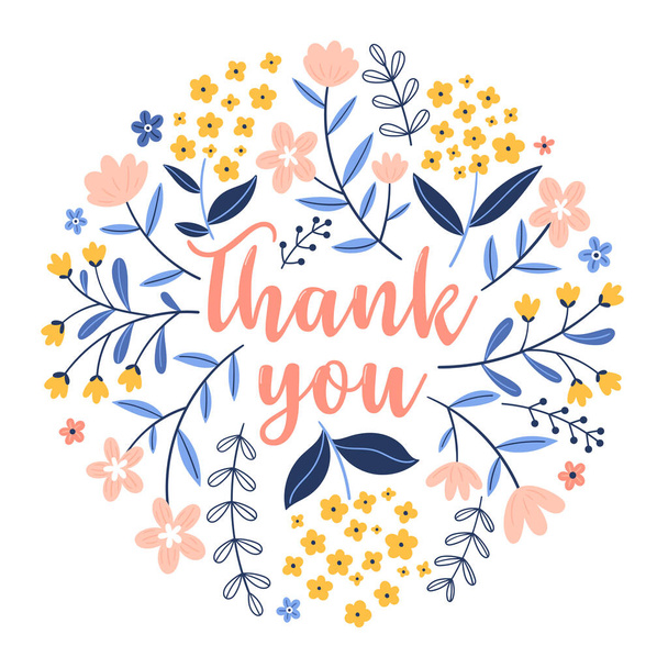 Hand drawn thank you concept with floral element. Can be used for postcards, invitations, greeting cards. Vector illustration isolated on white background - ベクター画像