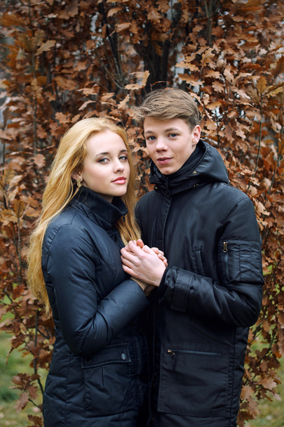 Happy teen couple in love holding each other on the background of autumn leaves - Photo, Image