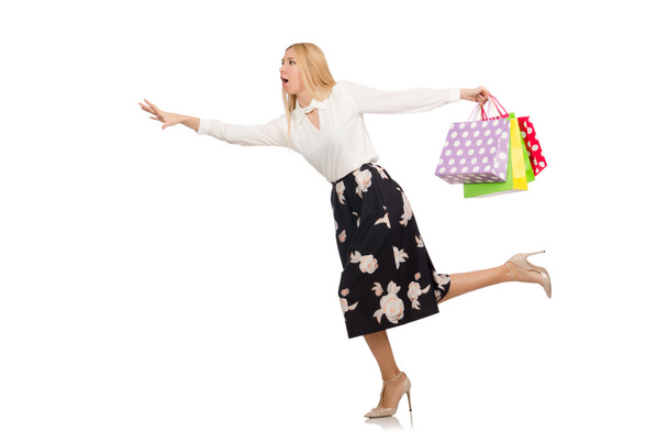 Nő bevásárló táskák elszigetelt fehér - Fotó, kép