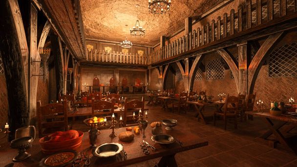 Dunkler stimmungsvoller mittelalterlicher Speisesaal mit gedeckten Tischen für ein großes Festmahl. 3D-Illustration. - Foto, Bild