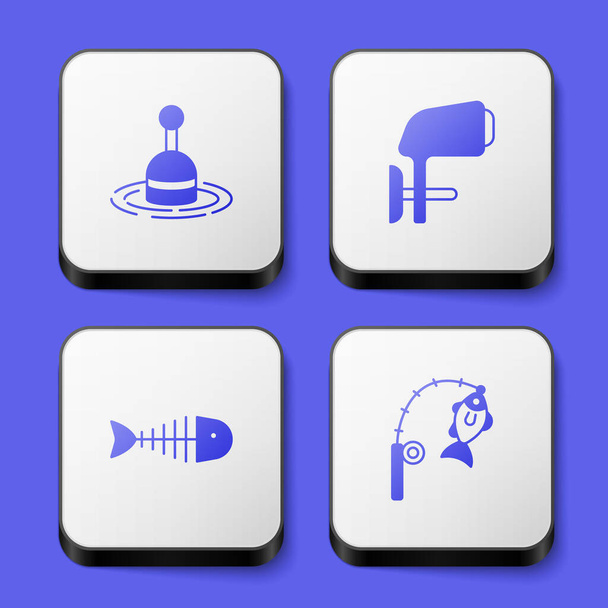 Set Fishing float in water Outboard boat motor skeleton and rod and fish icon. White square button. Vector. - Vektor, Bild