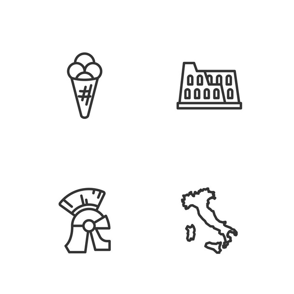 Set line Carte de l'Italie Casque de l'armée romaine Crème glacée en gaufre et icône du Colisée. Vecteur. - Vecteur, image