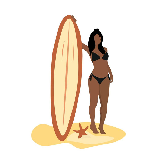 Vrouw met surfplank op zee strand - Vector, afbeelding
