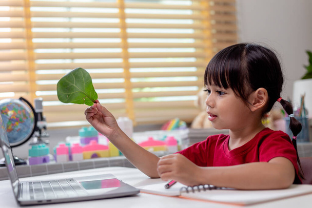 Oppimisaika. Kiinnostunut pieni lapsi koulutyttö kuulokkeissa istuu kotipöydän ääressä katsomassa opetusvideota. Utelias pieni kouluikäinen tyttö ajatella opettaja kysymys valitse oikea vastaus kannettavan tietokoneen näytöllä - Valokuva, kuva