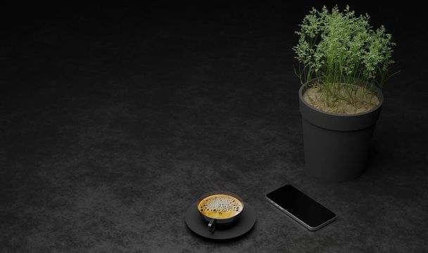 3d renderizar teléfono inteligente con una taza de café en fondos de pantalla de escena oscura - Foto, imagen